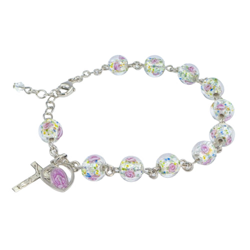 Murano Venetian Glass Floral Round Rosary Bracelet