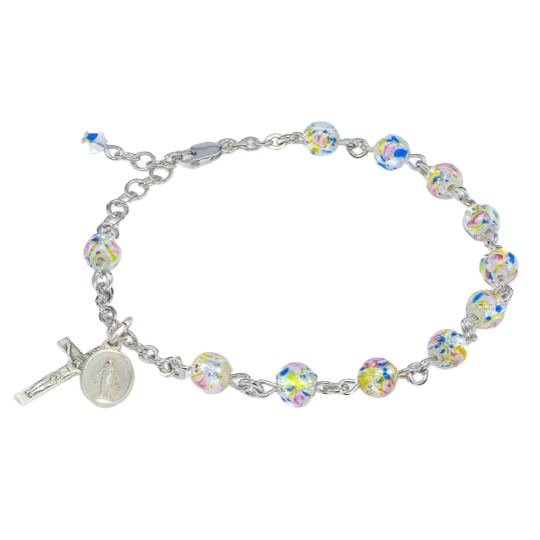 Rose Embedded Murano Glass Sterling Silver Rosary Bracelet